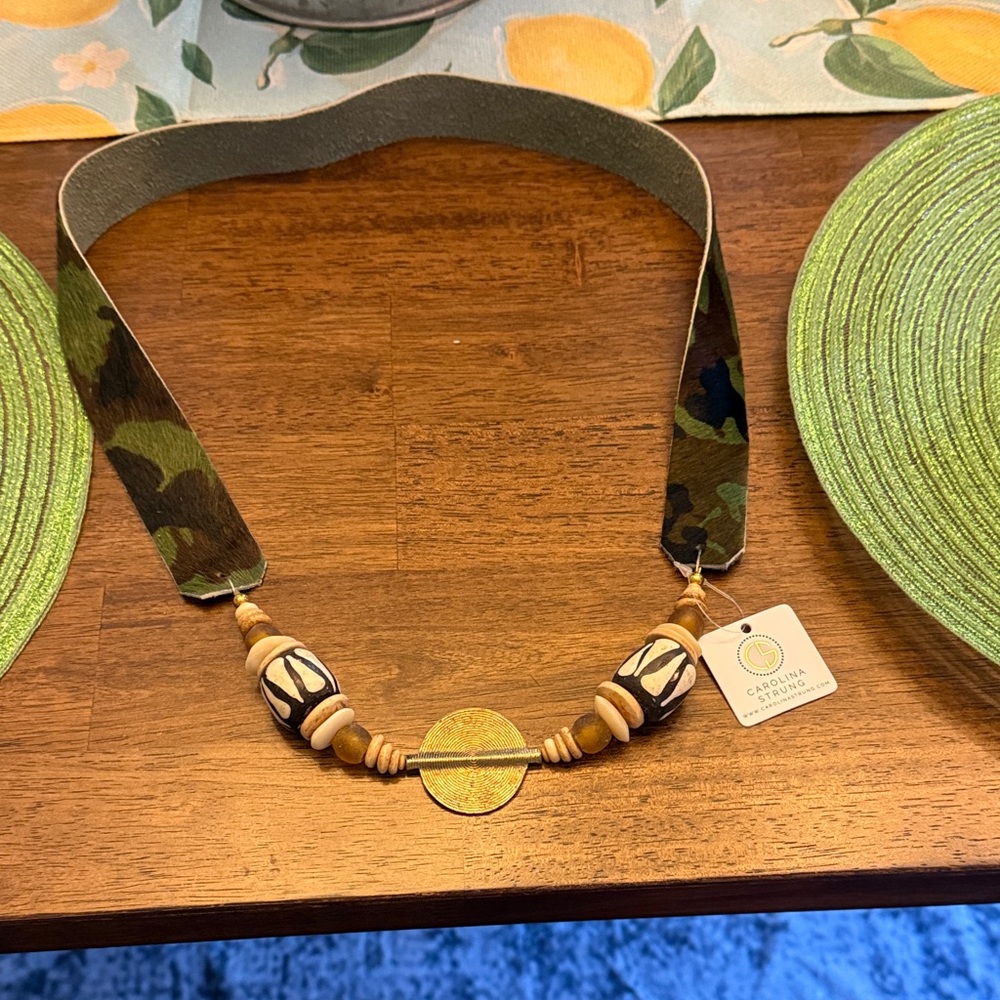 Camouflage and Gold Beaded Necklace brand is Carolina Strung